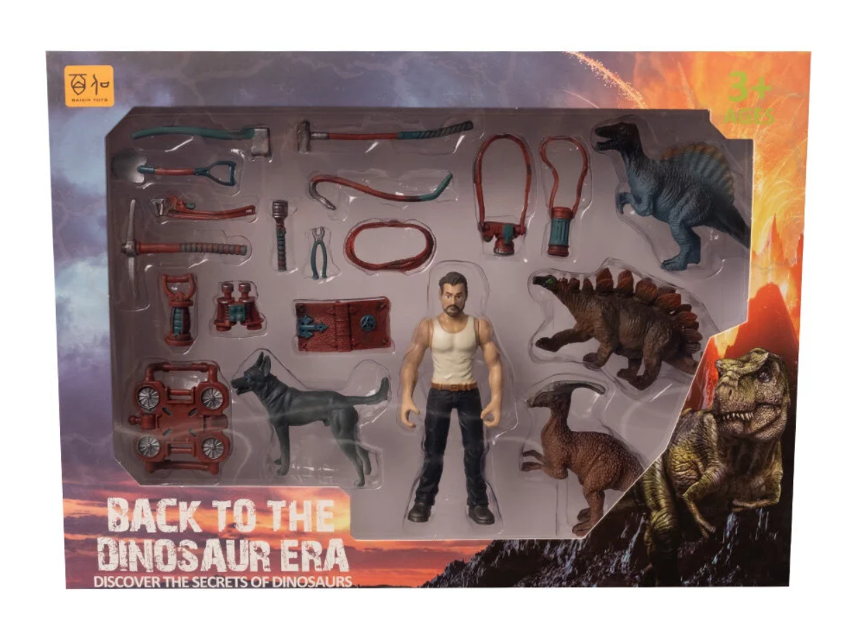 Erkek Figürlü 3 Dinozorlu ve Aksesuarlı Oyun Seti