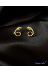Yılan Desenli Taşlı Gold Küpe