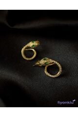 Yılan Desenli Taşlı Gold Küpe